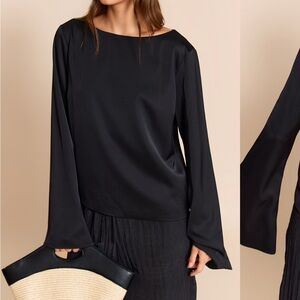 PRETTY LITTLE THING BLACK SATIN BOAT NECK FLARE SLEEVE TOP